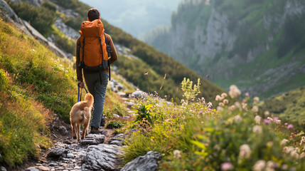 A man and a dog hiking in beautiful mountain landscape, man with tourist backpack hiking on spring...
