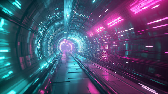 Curved tunnel with led and blue glowing lights on ceiling and reflection from puddle on wet dark street surface. Concept for fast business technology, car advertising background with copy space.