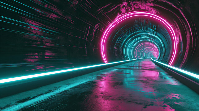 Curved tunnel with led and blue glowing lights on ceiling and reflection from puddle on wet dark street surface. Concept for fast business technology, car advertising background with copy space.
