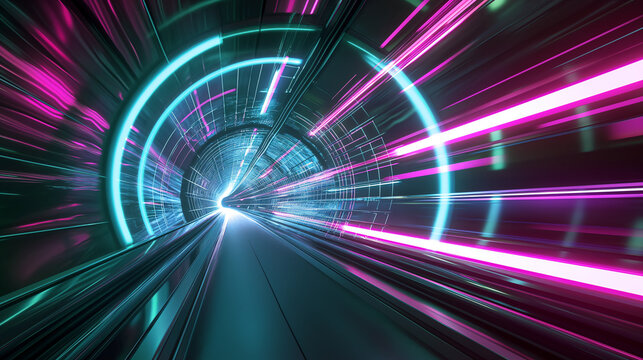 Curved tunnel with led and blue glowing lights on ceiling and reflection from puddle on wet dark street surface. Concept for fast business technology, car advertising background with copy space.