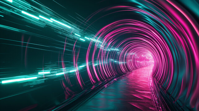 Curved tunnel with led and blue glowing lights on ceiling and reflection from puddle on wet dark street surface. Concept for fast business technology, car advertising background with copy space.