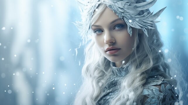 Close up of a model with creative snow fairy make up isolated on snowy background with copy space, fantasy snow elf in winter backdrops, for Halloween party, fantasy fairy tales.