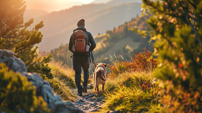 A man and a dog hiking in beautiful mountain landscape, man with tourist backpack hiking on spring wild field together with a dog. The concept of the campaign, hiking , spring traveling and nature.