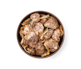 Tasty fried chicken liver with onion in bowl isolated on white, top view