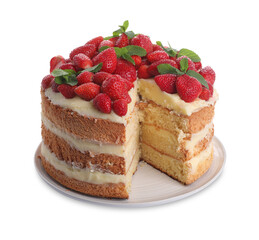 Tasty cake with fresh strawberries and mint isolated on white