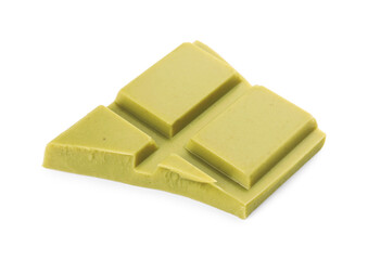 Piece of tasty matcha chocolate bar isolated on white