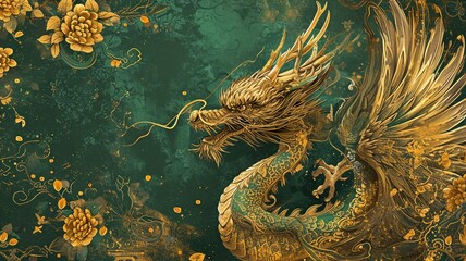 Fototapeta premium Majestic Golden Dragon in Mythical Waters