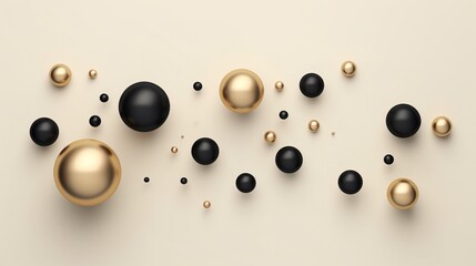 Golden and black 3d ball shape decorations on beige background, Christmas, winter, new year, web abstract banner backdrop concept. Flat lay, top view, copy space.