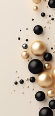 Golden and black 3d ball shape decorations on beige background, Christmas, winter, new year, web abstract banner backdrop concept. Flat lay, top view, copy space.