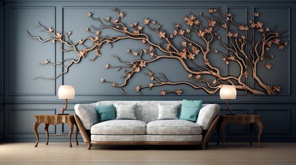 A picturesque view of intricate branch patterns against a solid wall, creating a mesmerizing backdrop for a room furnished with a cozy sofa.