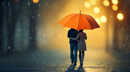 Couple walking hand in hand under umbrellas, amidst falling rain during twilight, a romantic scene capturing the essence of love in the rain at dusk.