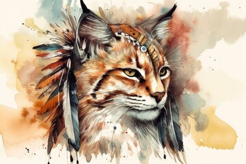 Watercolor painting of cat in style of tattoo