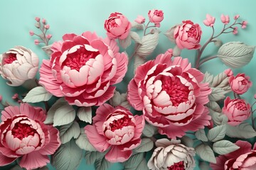 Detailed 3D intricate peonies in soft pastel tones on a soothing mint green backdrop with a striking fuchsia tree.