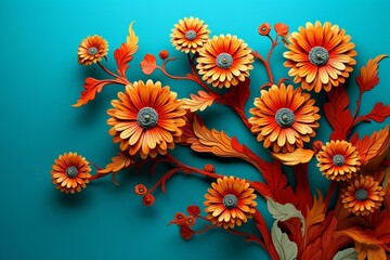 Detailed 3D intricate gerbera daisies in vibrant orange on a goldenrod yellow backdrop with a lively teal tree.