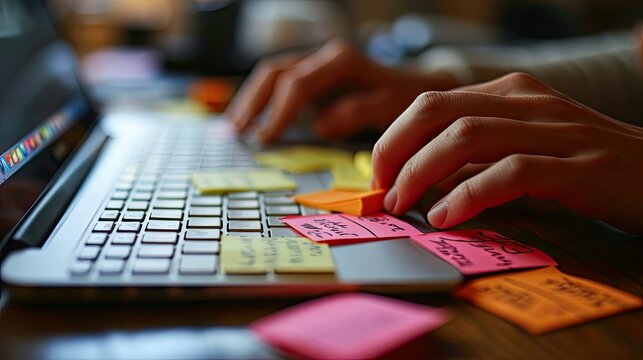computer keyboard with sticky notes and hands