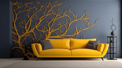 The high-resolution image portrays the interwoven patterns of branches and leaves against a solid-colored wall, enhancing the allure of a room with a sofa.