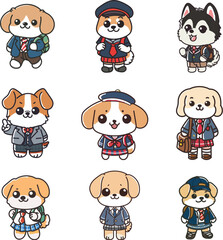 Set of cute kawaii dog with school uniform