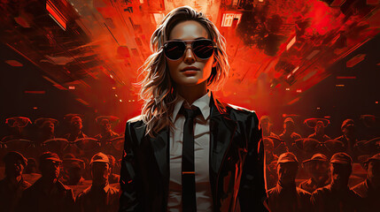 illustration of a woman with blonde long hair wearing sunglasses and dressed in a suit standing in front of a crowd of people - obrazy, fototapety, plakaty