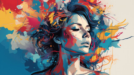 Creative illustration of a woman with colorful colors sprouting from her head. Creativity concept.