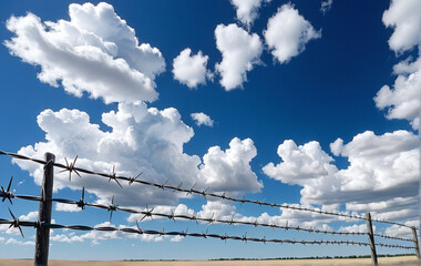 barbed wire against a background of blue sky with clouds
