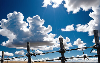 barbed wire against a background of blue sky with clouds
