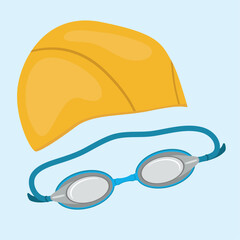 Swimming cap and goggles vector illustration. Swim equipment graphic in flat style design.