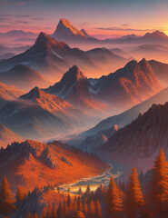 Majestic Mountains at Sunset Generative AI