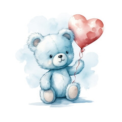 Watercolor cute little teddy bear with red heart shaped balloon