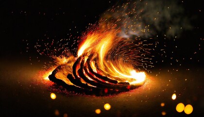 burning fire in the night, fire embers pirouette in abstract brilliance. dynamic light play in the profound night