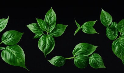 Set of flying basil leaves on black background from AI Generative