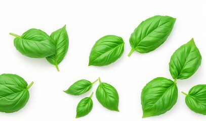 Set of flying basil leaves on white background from AI Generative