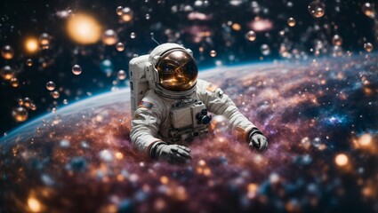 An astronaut floats among the ethereal bubbles of a distant galaxy, creating a stunning painting that captures the essence of this otherworldly realm. 
generative Ai