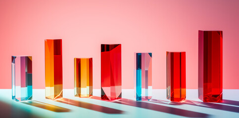 geometric prism glass Abstract background in red tones with close-up of shiny crystal blocks with multicolored gradient reflections on a blurred glass surface.