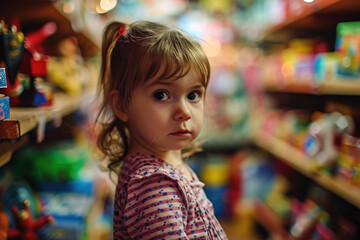 child girl smiling in aisle of toy store