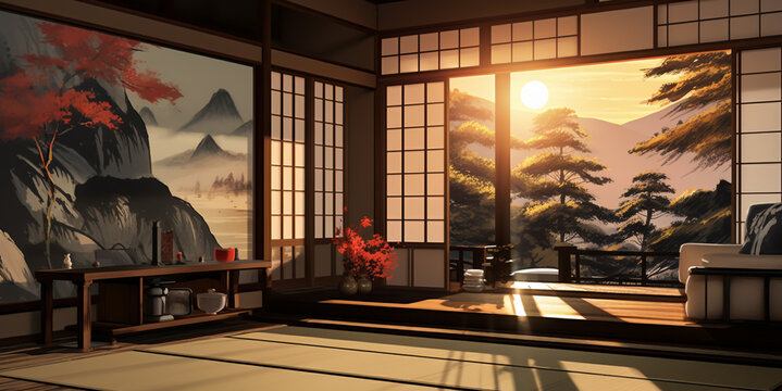 Pictures of a Japanese-style relaxation and guest room with paintings on the walls showing beautiful nature.