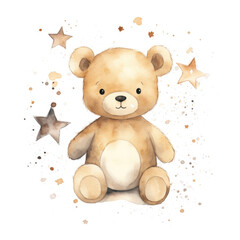 Cute watercolor little teddy bear on white background
