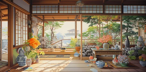 Fotobehang Pictures of a Japanese-style relaxation and guest room with paintings on the walls showing beautiful nature in bright pastel tones. © Rassamee