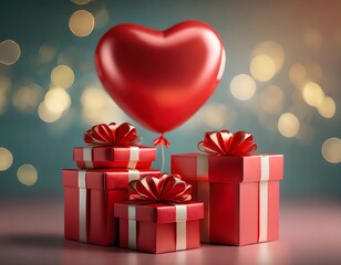Red gift box presents with heart balloon
