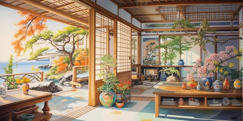 Poster Pictures of a Japanese-style relaxation and guest room with paintings on the walls showing beautiful nature in bright pastel tones. © Rassamee