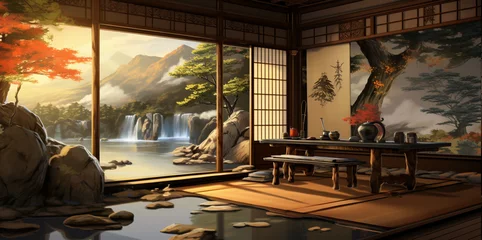 Foto op Canvas Images of Japanese-style relaxation and guest rooms with paintings on the walls showing beautiful nature and sunlight. © Rassamee