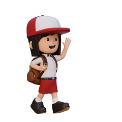 3D happy girl character walking and waving hand