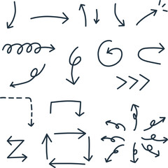 色々な形をした、シンプルな手描きの矢印の線画セット