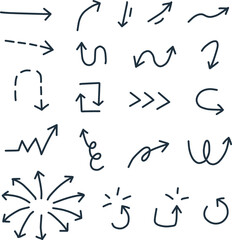 色々な形をした、シンプルな手描きの矢印の線画セット