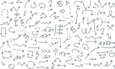 Fototapeta na wymiar 色々な形をした、シンプルな手描きの矢印の線画セット
