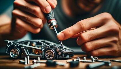 Hands using a precision tool to assemble a miniature car model - obrazy, fototapety, plakaty