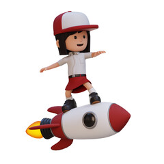 3D girl character standing riding a rocket