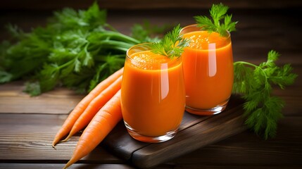 Carrot juice in glasses on wooden counter top.