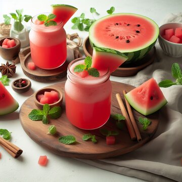 Fresh watermelon juice, Homemade, fruit, slices.
