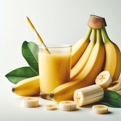 Glass of banana smoothie, Fresh banana shake isolated in white