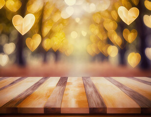 Decorative board for display of product with gold hearts in background; bokeh effect